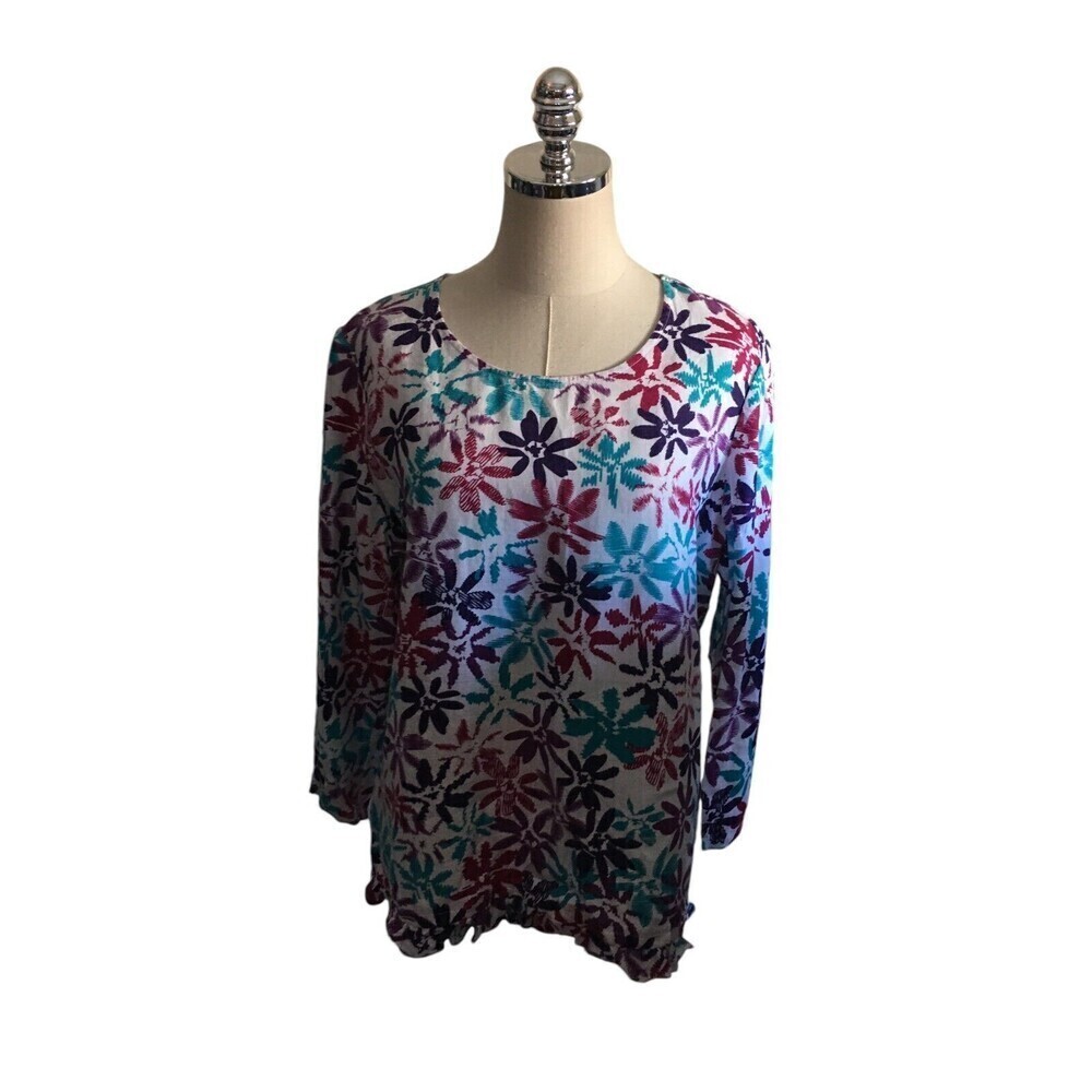 Hot Cotton Top Women's Size Large Linen Multicolor Flowers Floral Long Sleeve